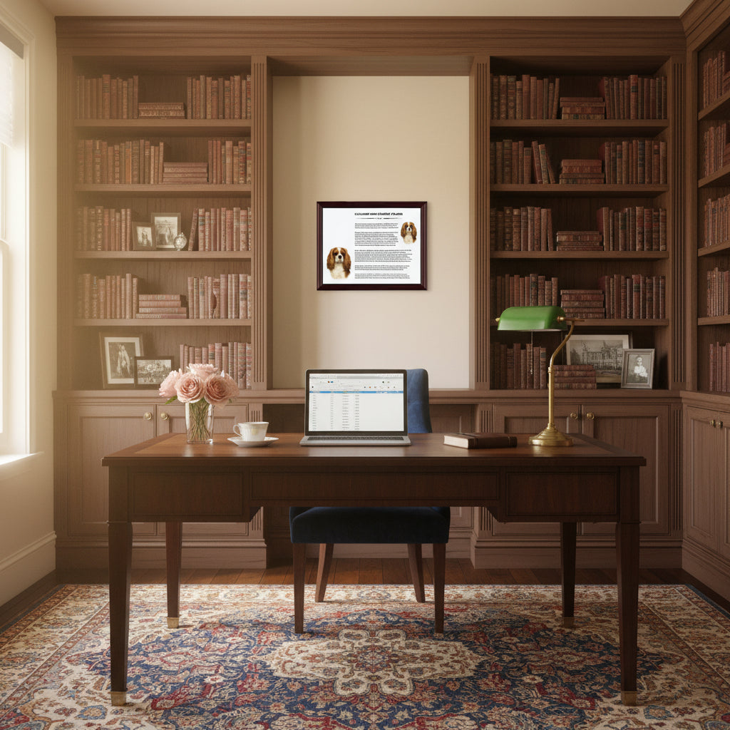 Home office with wooden desk, bookshelves, and Cavalier King Charles Spaniel-Heritage History Dog Breed Portrait on the wall.