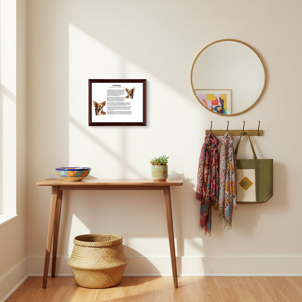 Chihuahua-Heritage History Dog Breed Portrait hanging in a Nook with a wooden table, round mirror, and wall hooks with scarves and a bag.