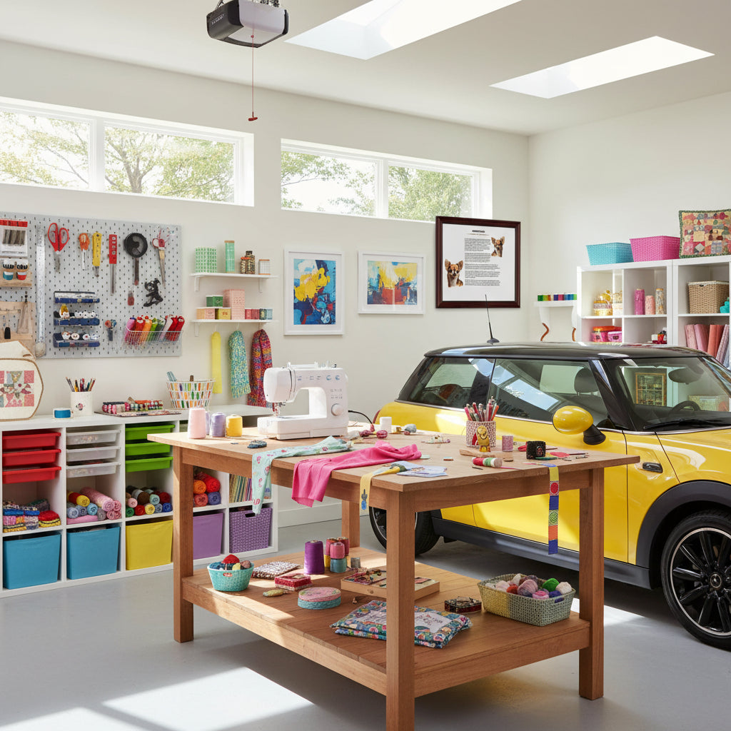 Chihuahua-Heritage History Dog Breed Portrait hanging in a Garage converted into a colorful craft room with shelves, tables, and various items.