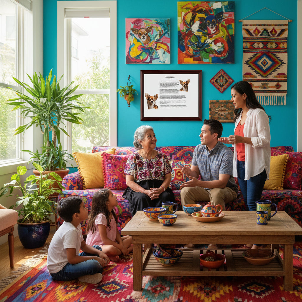 Family sitting together in a colorful living room with decorative elements with a Chihuahua-Heritage History Dog Breed Portrait on the wall.