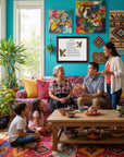 Family sitting together in a colorful living room with decorative elements with a Chihuahua-Heritage History Dog Breed Portrait on the wall.