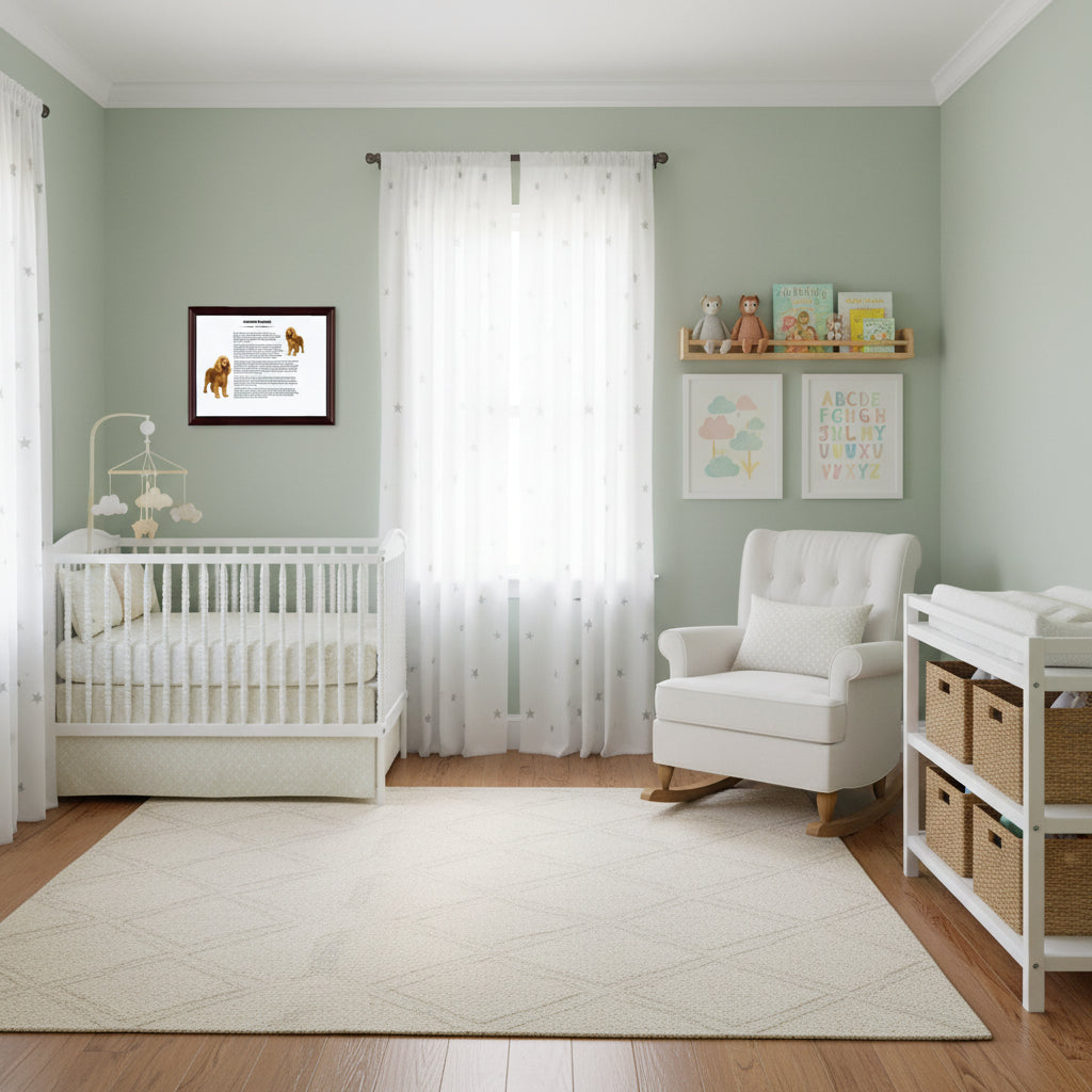 Cocker Spaniel-Heritage History Dog Breed Portrait hanging in a Nursery room with white crib, armchair, and shelves against a light green wall.
