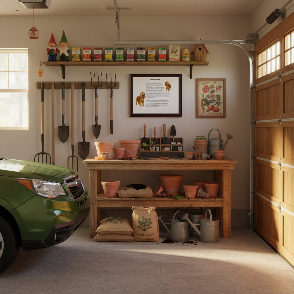 Cocker Spaniel-Heritage History Dog Breed Portrait in a Garage interior with gardening tools, plants, and decor.