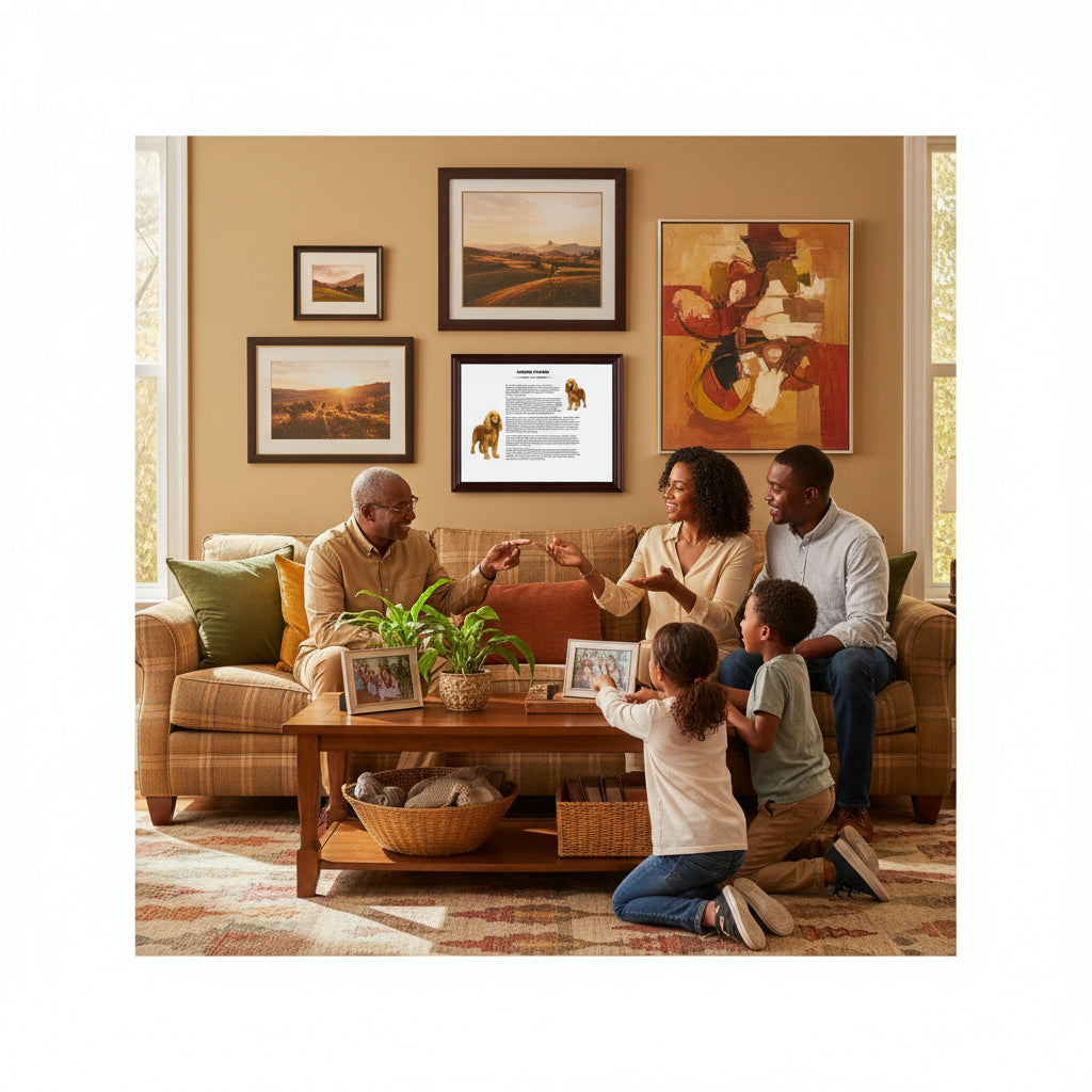 Family gathered in a living room with Cocker Spaniel-Heritage History Dog Breed Portrait on the wall.
