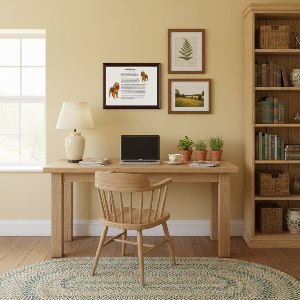 Cocker Spaniel-Heritage History Dog Breed Portrait in a Home office with wooden desk, chair, laptop, and decor items.