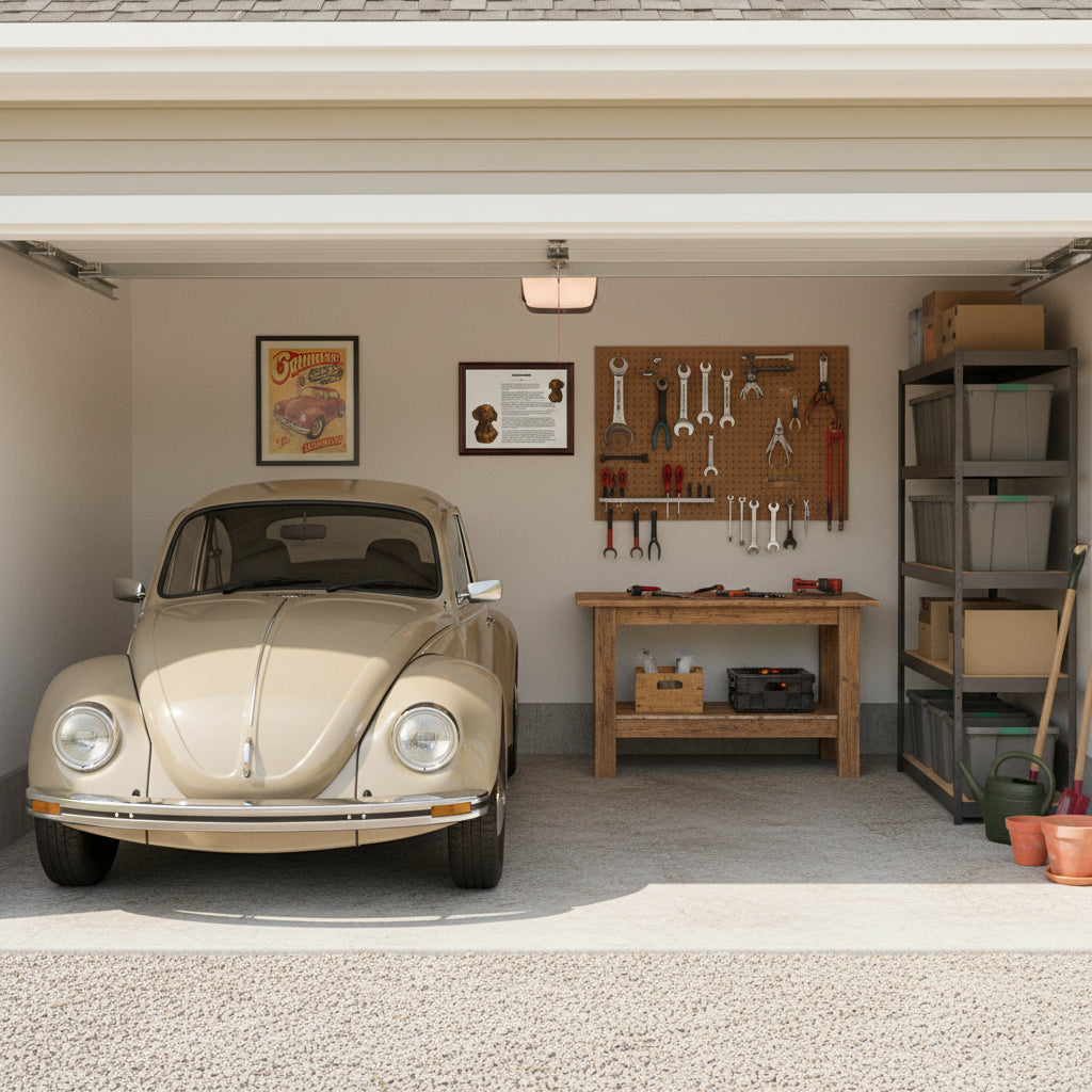 Dachshund-Heritage History Dog Breed Portrait behind a Beige Volkswagen Beetle in a garage with tools and equipment on the wall and shelves.