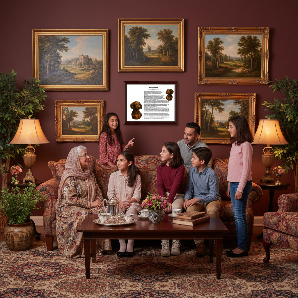 Family gathering in a living room with decorative paintings and a Dachshund-Heritage History Dog Breed Portrait on the wall.