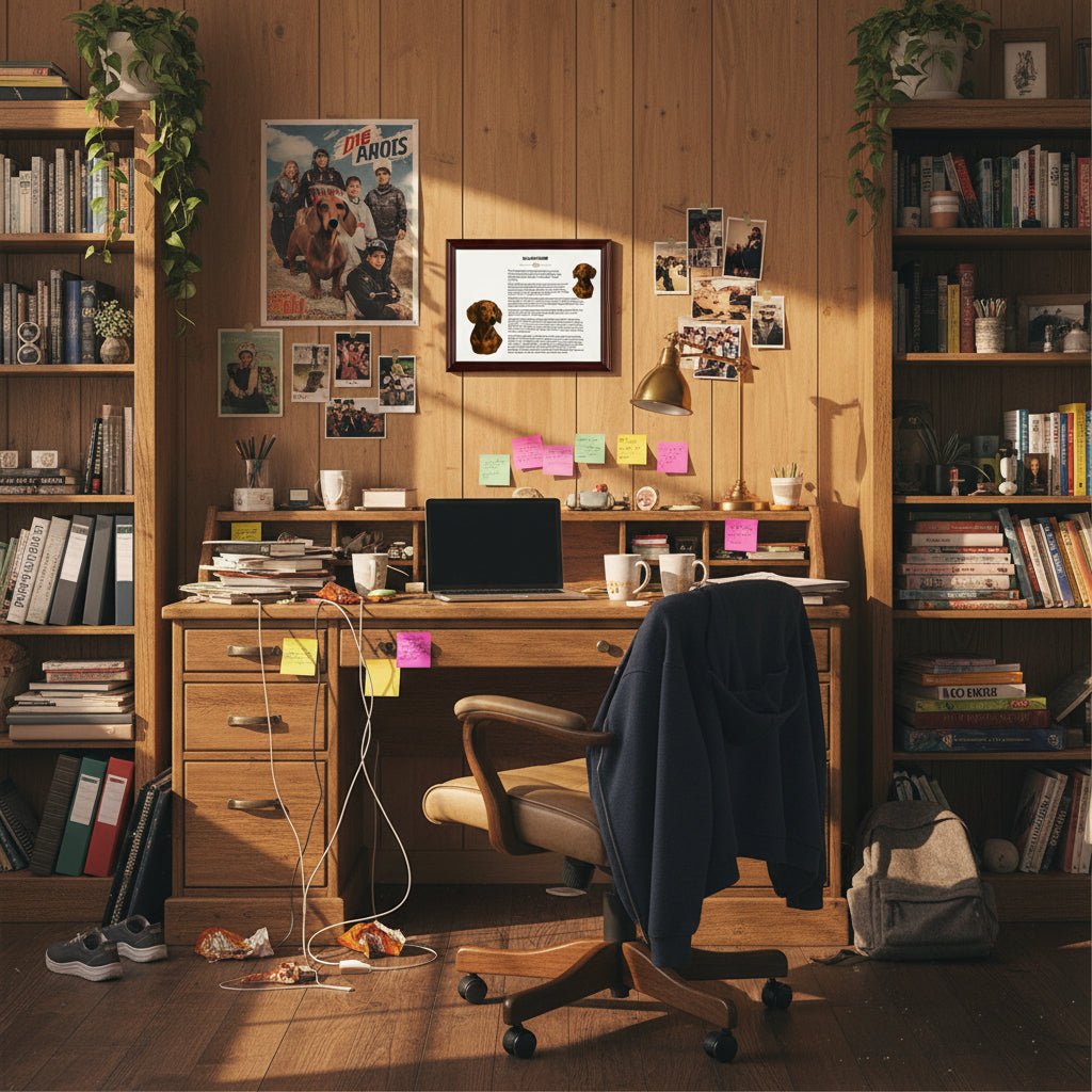 Dachshund-Heritage History Dog Breed Portrait in a Home office with wooden desk, bookshelves, and personal items.