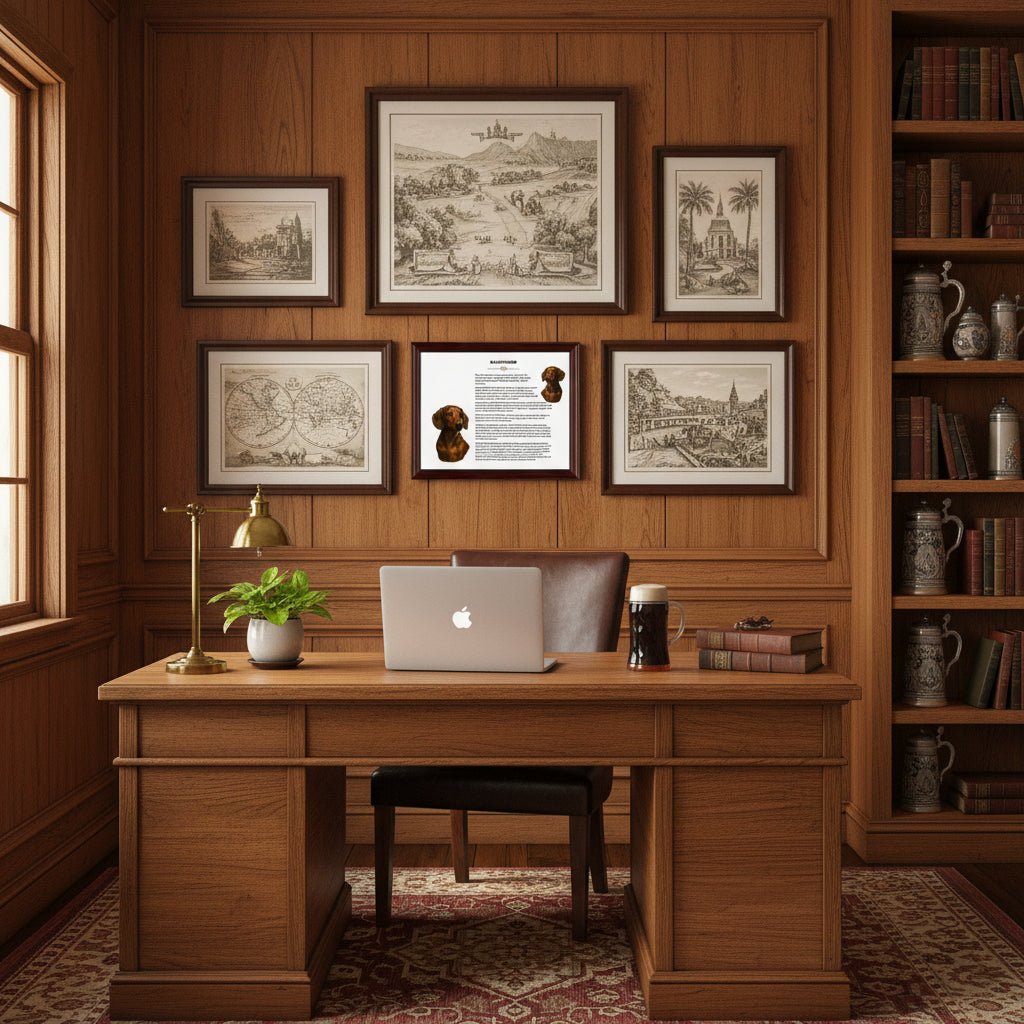 Dachshund-Heritage History Dog Breed Portrait behind a Wooden desk with laptop, mug, and plant in a room with wooden walls and bookshelf.
