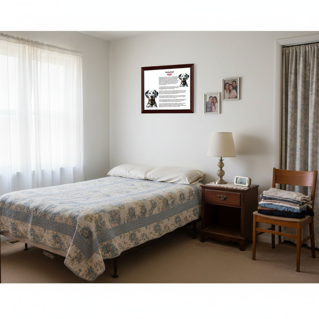 Bedroom with bed, nightstand, chair, and Dalmatian-Heritage History Dog Breed Portrait on the wall.