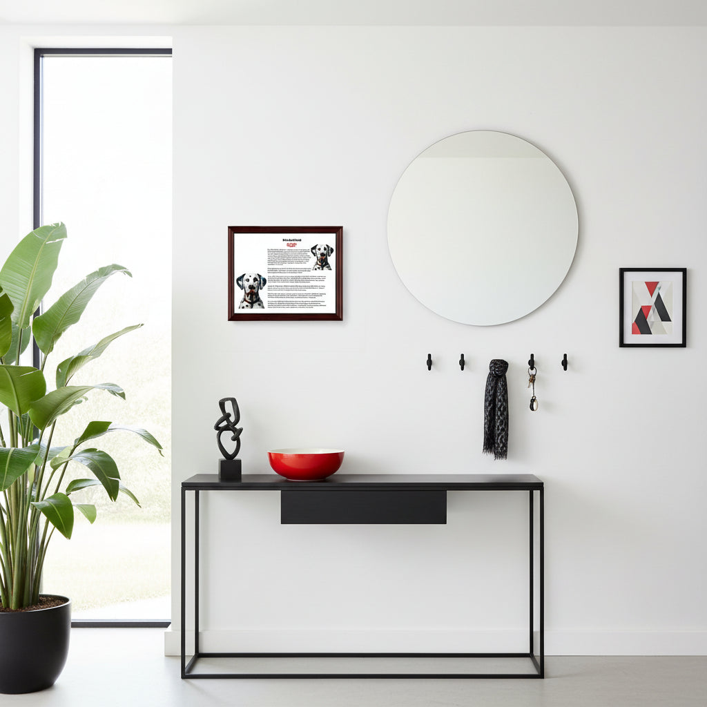Modern interior with a black console table, mirror, and decorative items against a white wall with a Dalmatian-Heritage History Dog Breed Portrait on the wall besides the mirror.