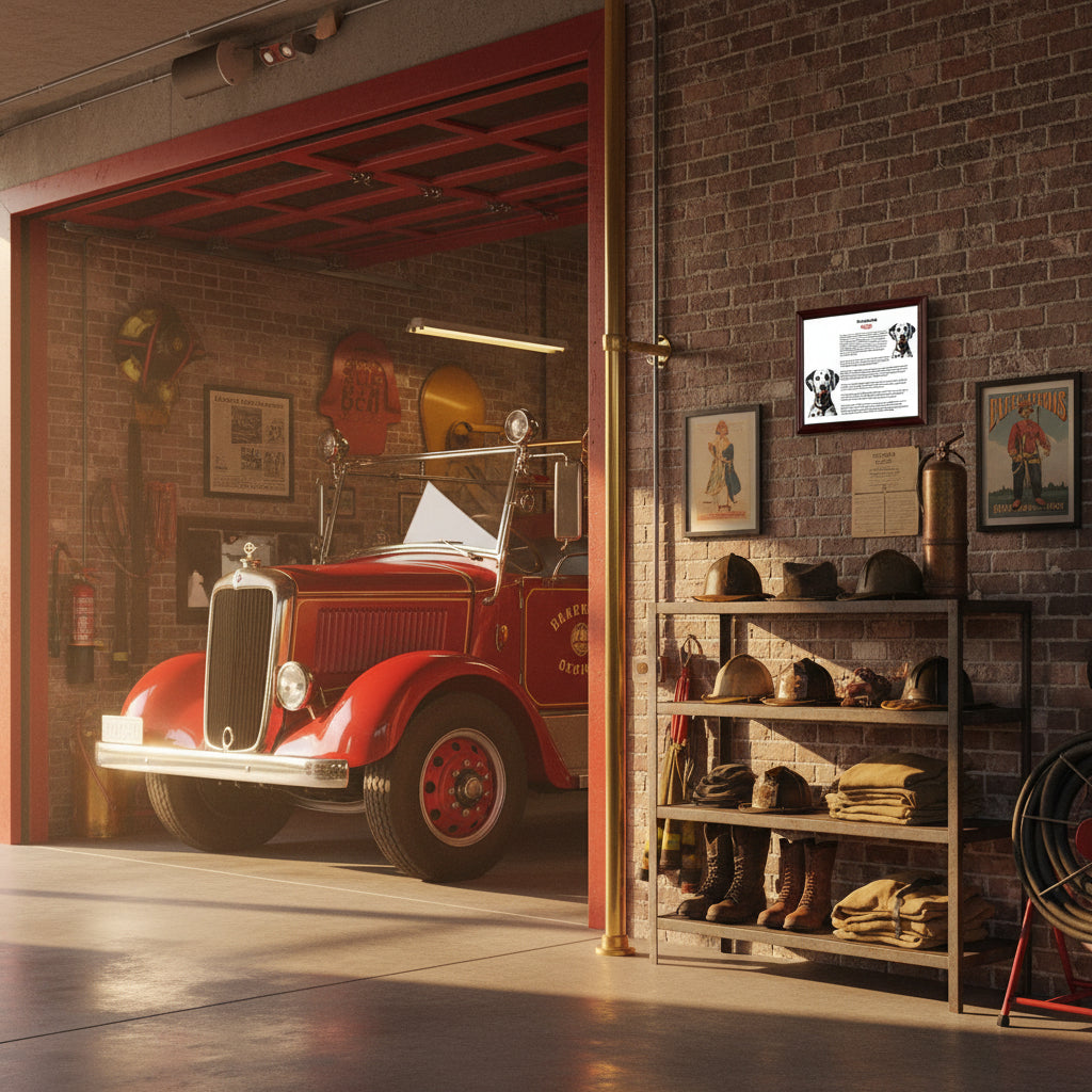 Vintage red fire truck inside a garage with tools and equipment on shelves and a Dalmatian-Heritage History Dog Breed Portrait on the brick wall.