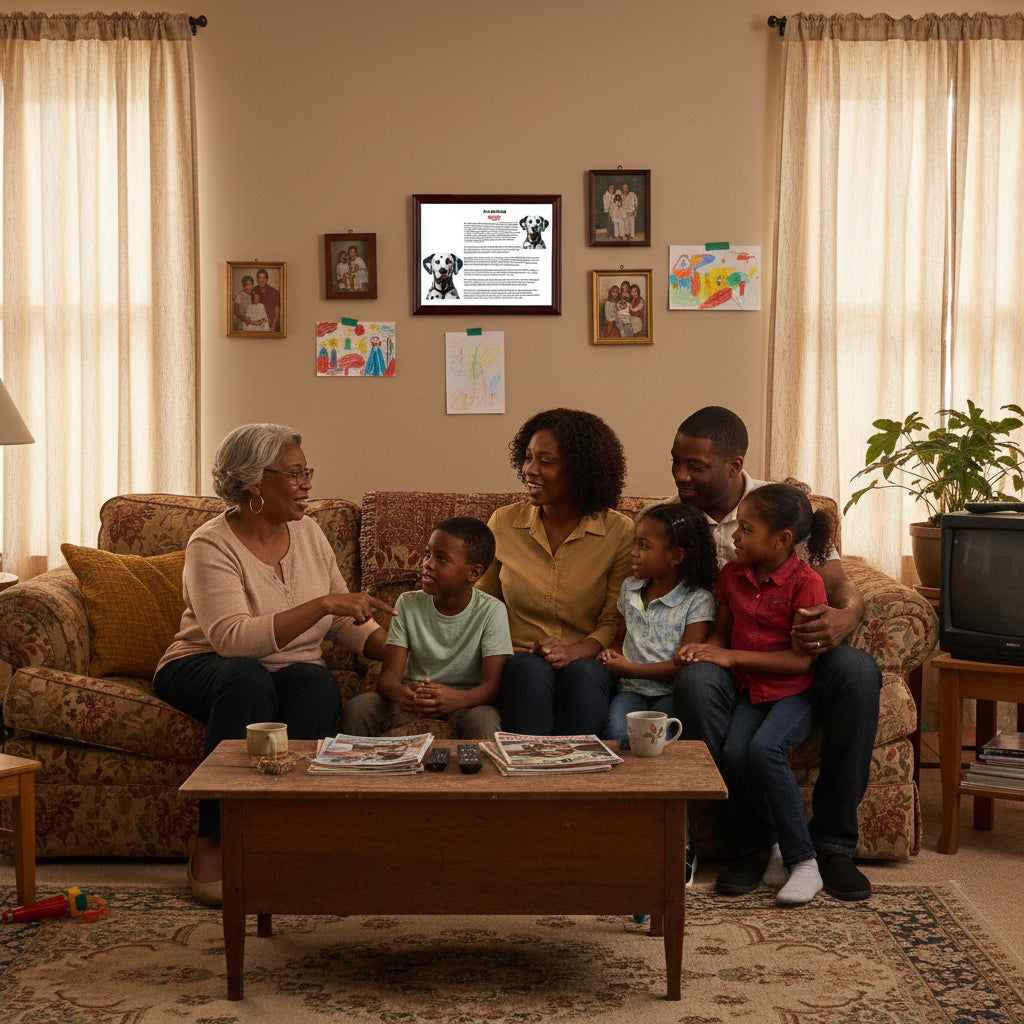 Dalmatian-Heritage History Dog Breed Portrait behind a Family sitting on a couch in a living room with a TV screen displaying an educational program.
