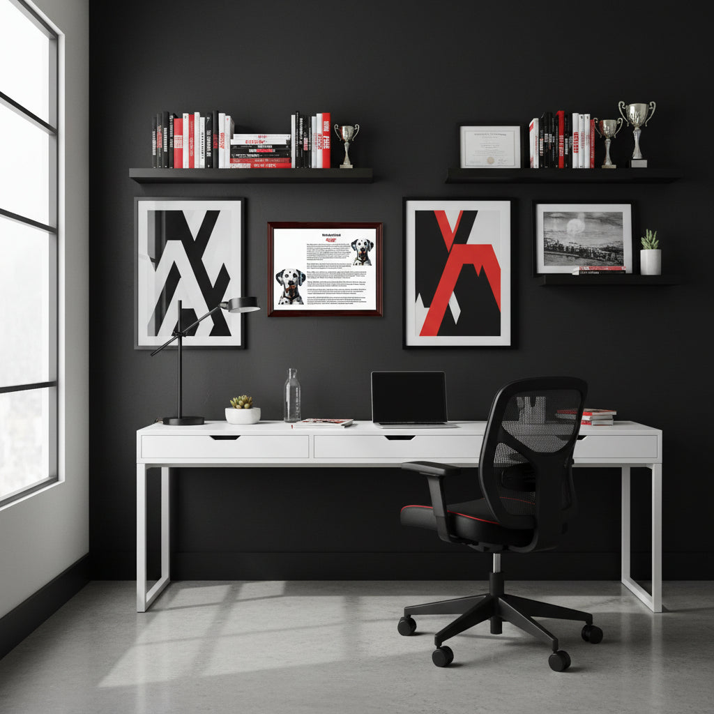Modern office setup with a white desk, black chair, and decorative elements and a Dalmatian-Heritage History Dog Breed Portrait on a grey wall.