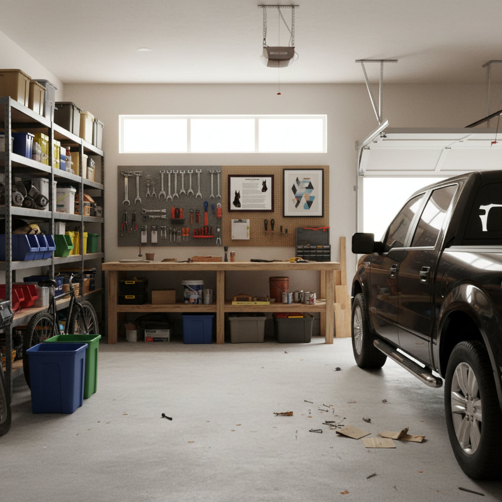 Doberman Pinscher-Heritage History Dog Breed Portrait hanging in Garage with tools on a pegboard, shelves, and a car parked inside.