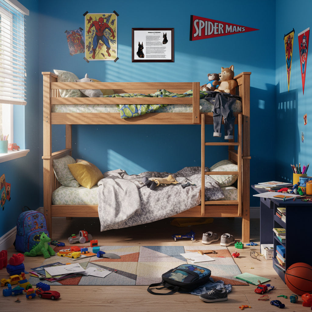 Children's bedroom with a bunk bed, toys, and Spider-Man-themed decor and a Doberman Pinscher-Heritage History Dog Breed Portrait on the wall.