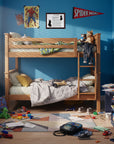 Children's bedroom with a bunk bed, toys, and Spider-Man-themed decor and a Doberman Pinscher-Heritage History Dog Breed Portrait on the wall.