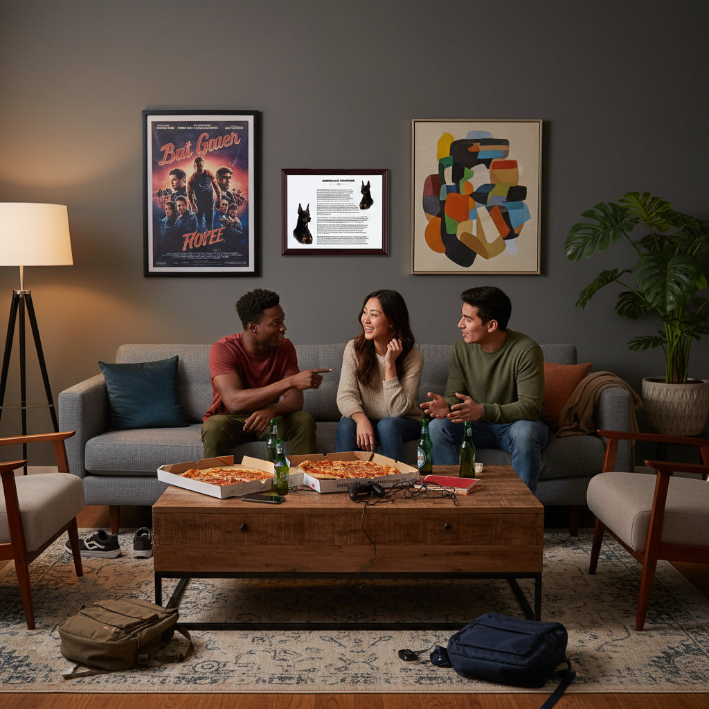 Three friends sitting on a couch in a living room with pizzas and drinks, surrounded by a Doberman Pinscher-Heritage History Dog Breed Portrait on the wall.