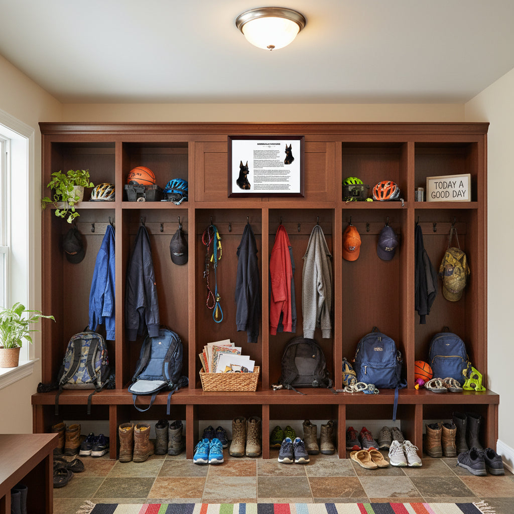 Doberman Pinscher-Heritage History Dog Breed Portrait upon a Wooden locker system with coats, bags, and shoes in a home setting.