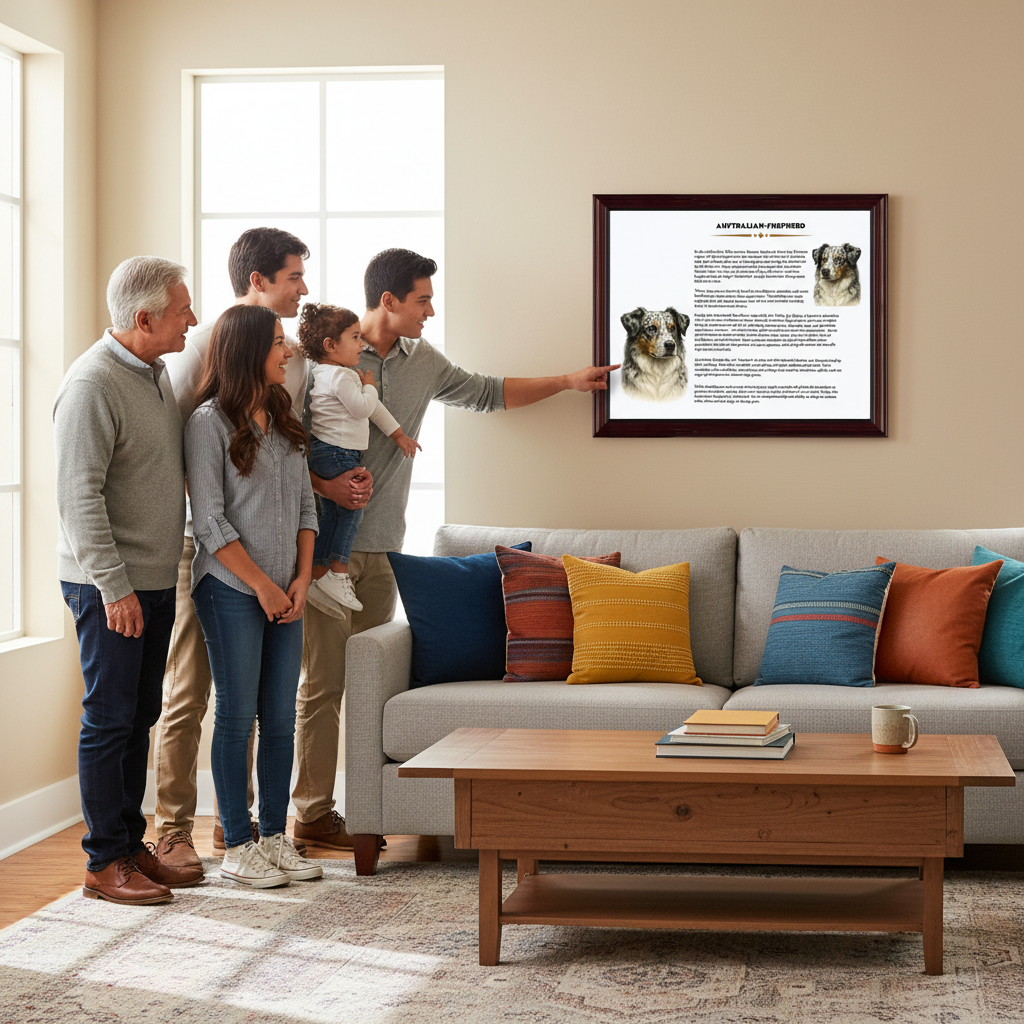Living room with family looking at and discussing portrait